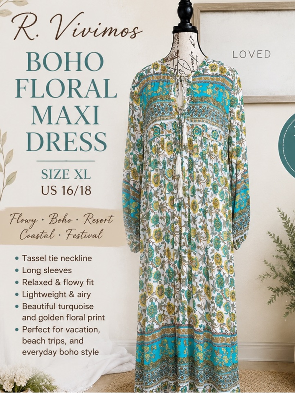 R. Vivimos Turquoise & Gold Floral Boho Maxi Dress - Size XL